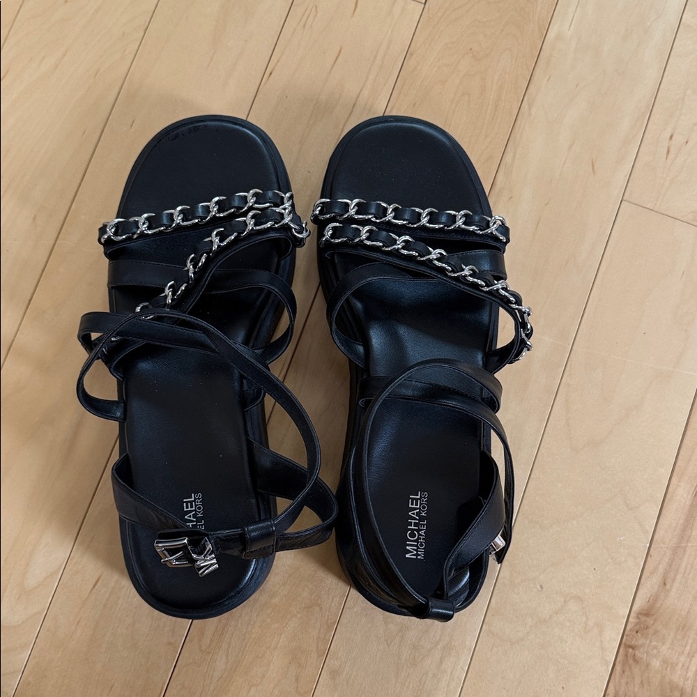 Michael Kors Black Sandals with Silver Chain